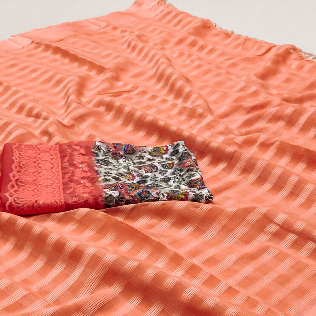 Peach Checks Pattern Satin Saree