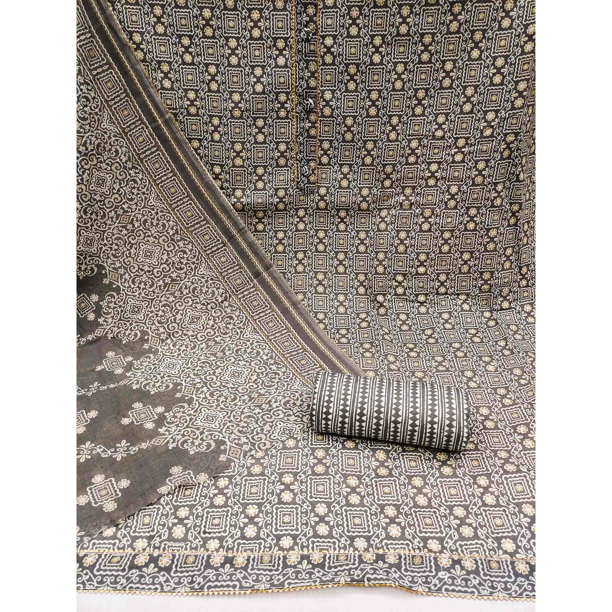Grey Floral Printed Cotton Dress Material