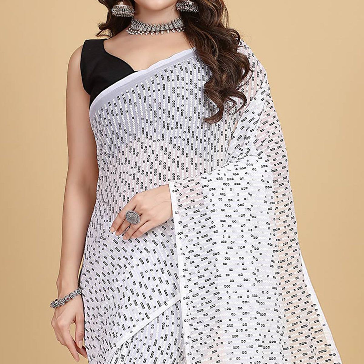 White & Black Sequins Embroidered Georgette Saree