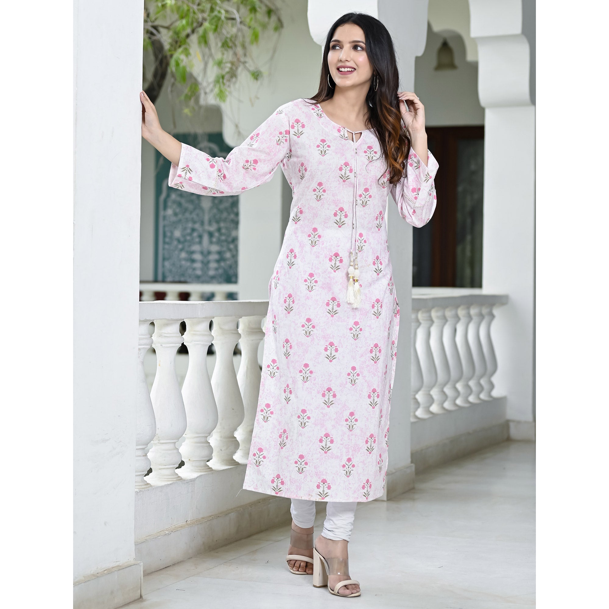 Pink Floral Printed Pure Cotton Long Kurti