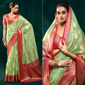 Pista Green Floral Woven Organza Saree