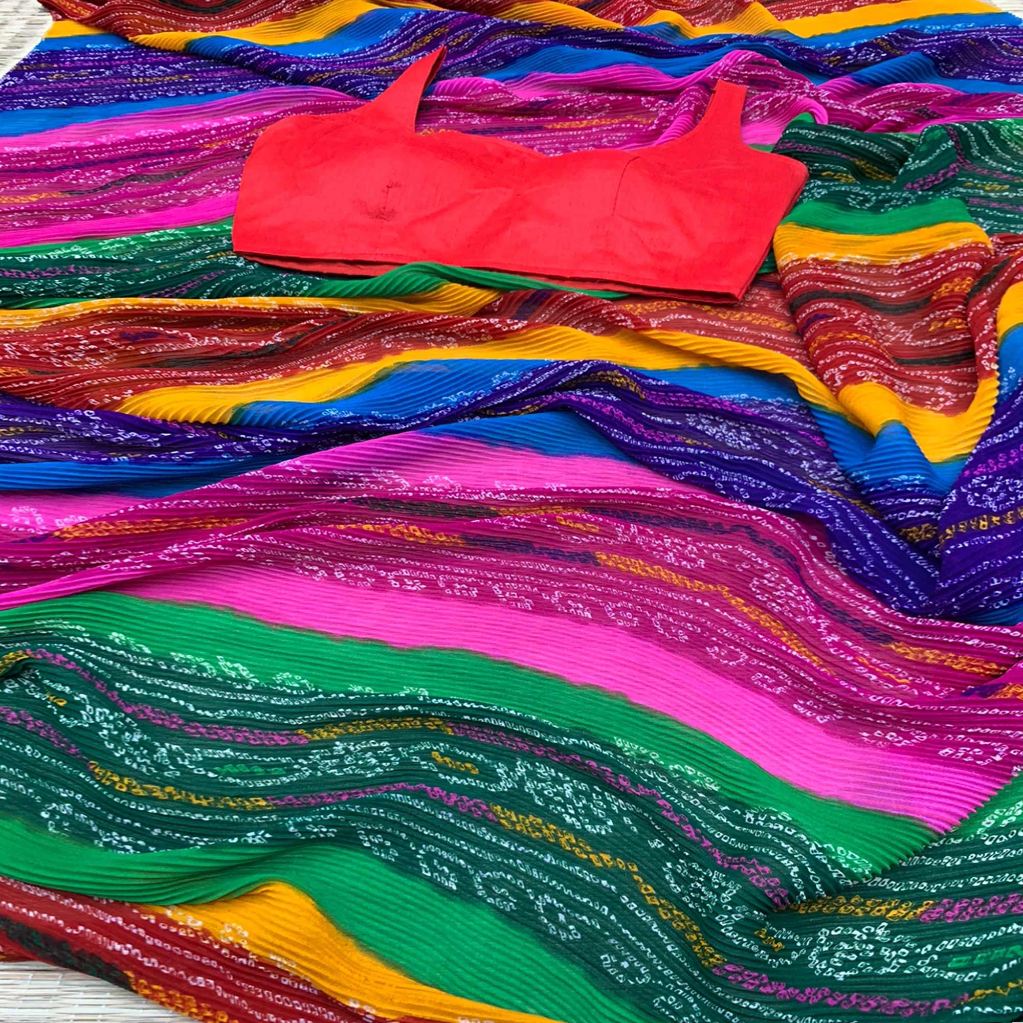 Multicolor Bandhani Printed Crush Georgette Saree
