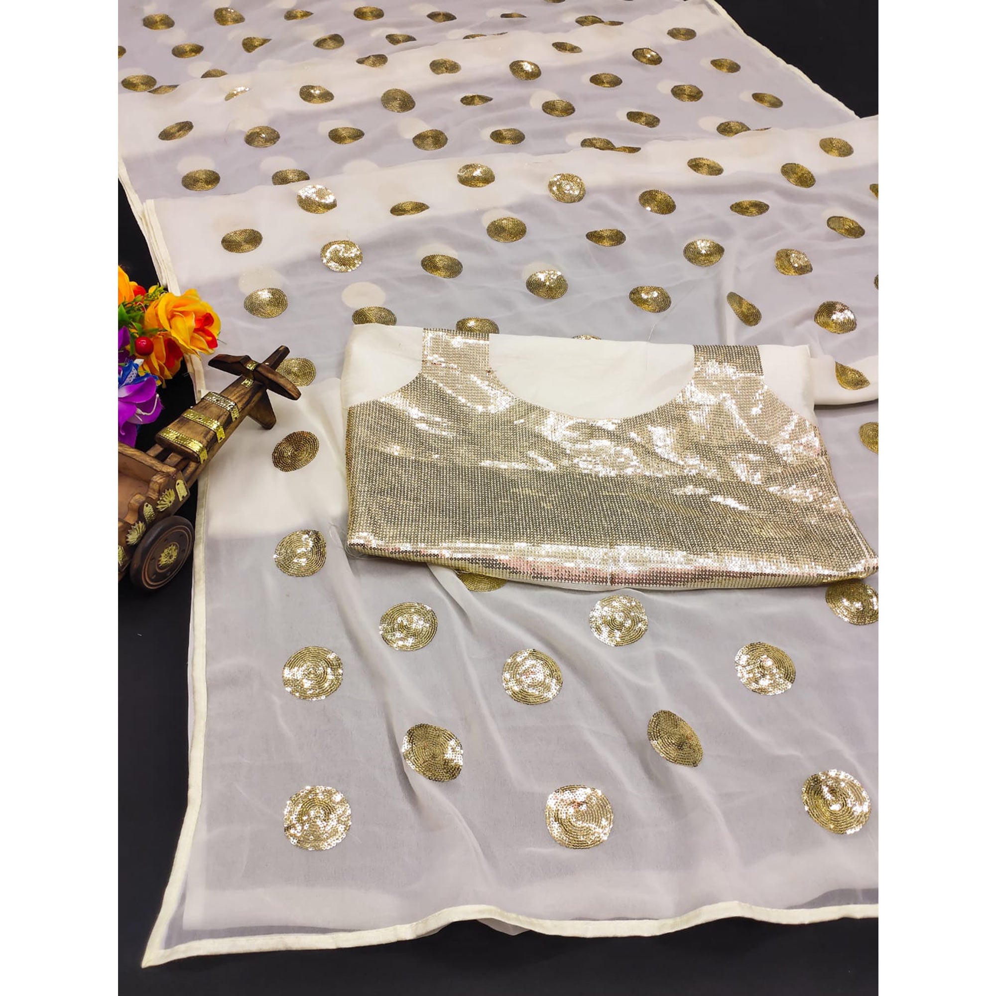 White Sequins Embroidered Georgette Saree