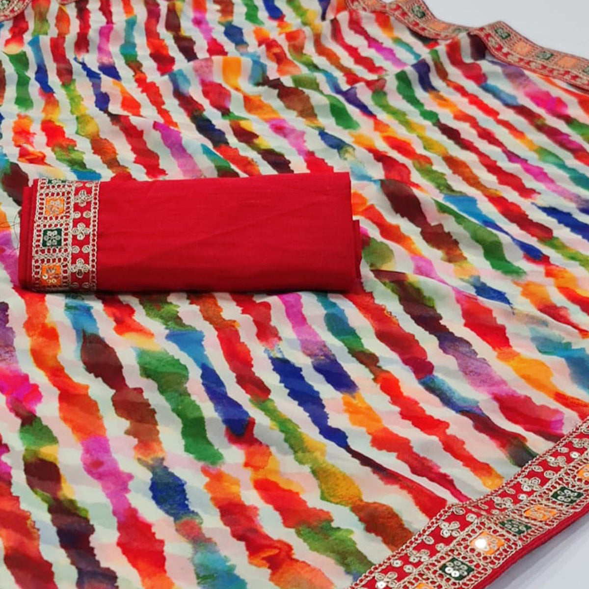 Multicolor Leheriya Printed With Sequins Border Georgette Saree