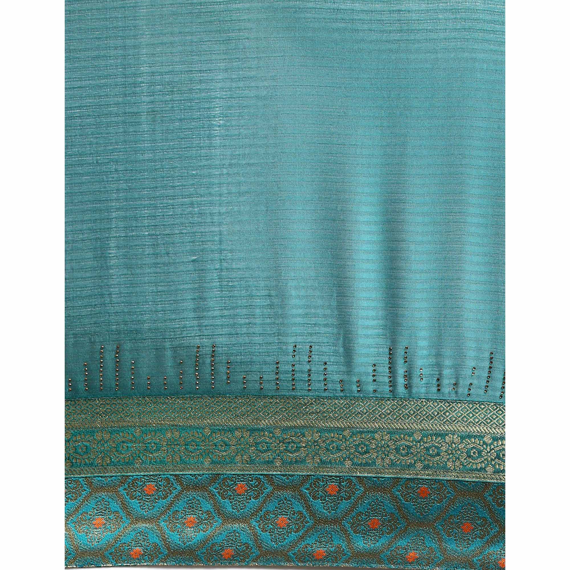 Turquoise Blue Swaroski Work With Woven Border Satin Saree