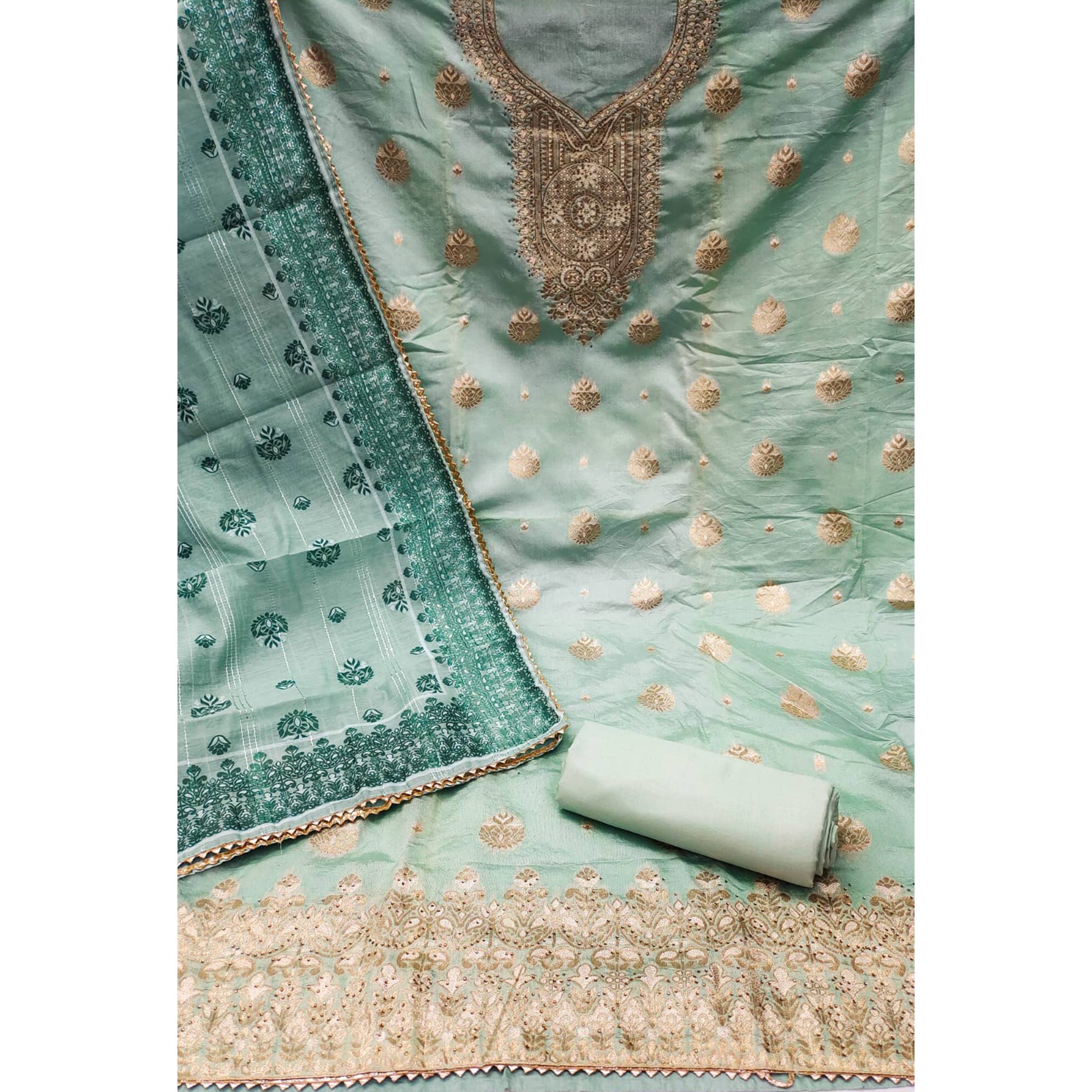 Sea Green Woven Banarasi Silk Dress Material