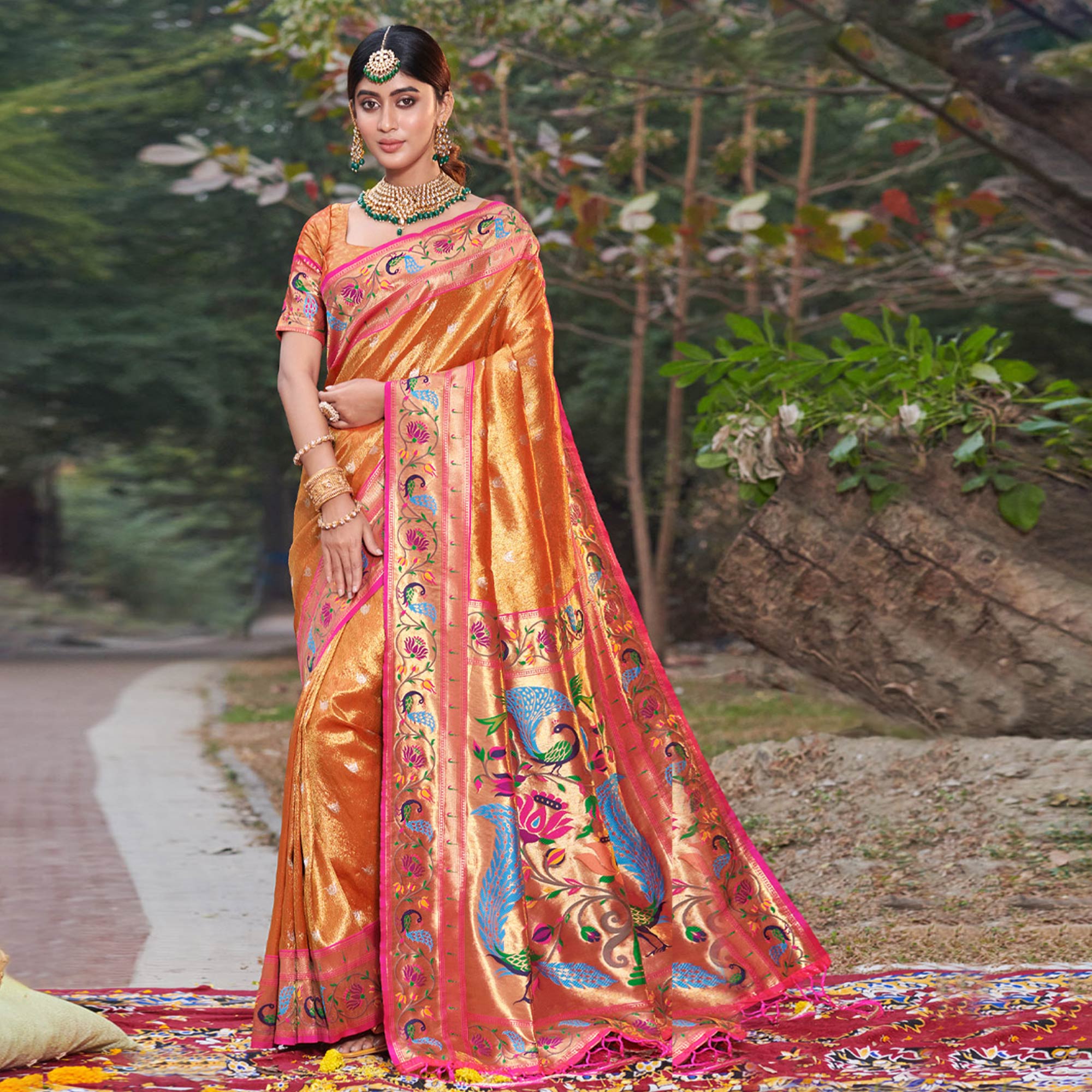 Orange Woven Art Silk Paithani Saree With Tassels - Image 4