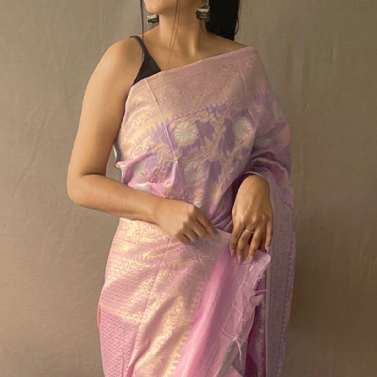 Pink Floral Woven Linen Saree