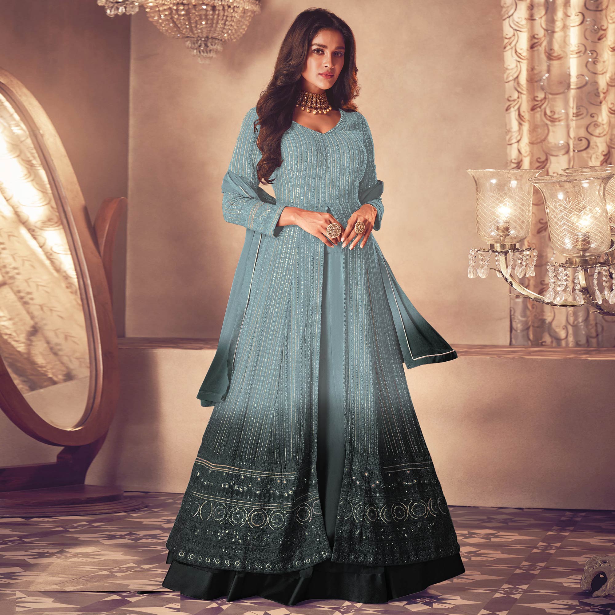 Sky Blue Sequins Embroidered Georgette Front Slit Suit