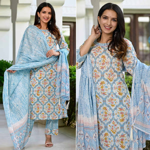Blue Floral Printed Pure Cotton Suit