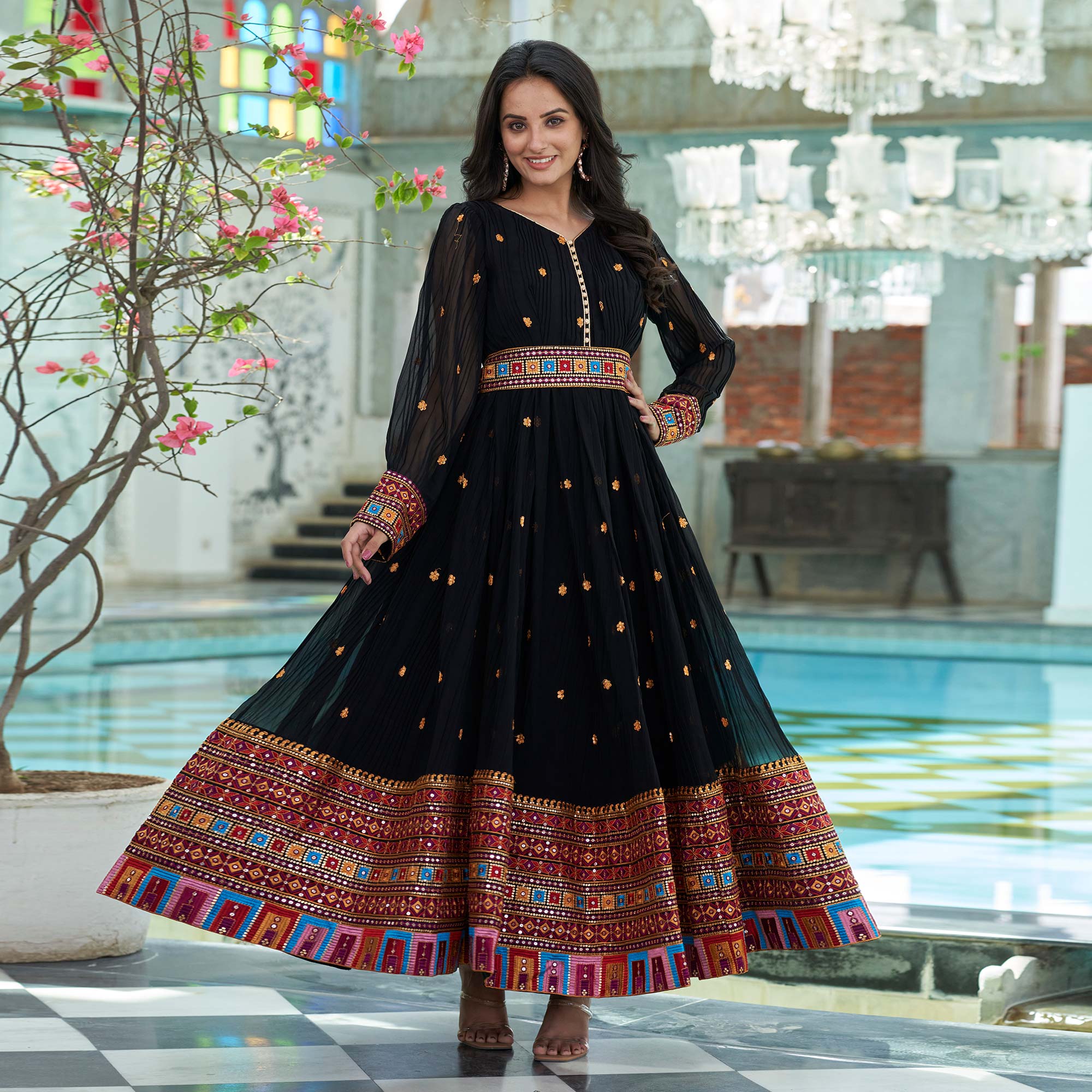 Black Floral Embroidered And Mirror Work Georgette Gown