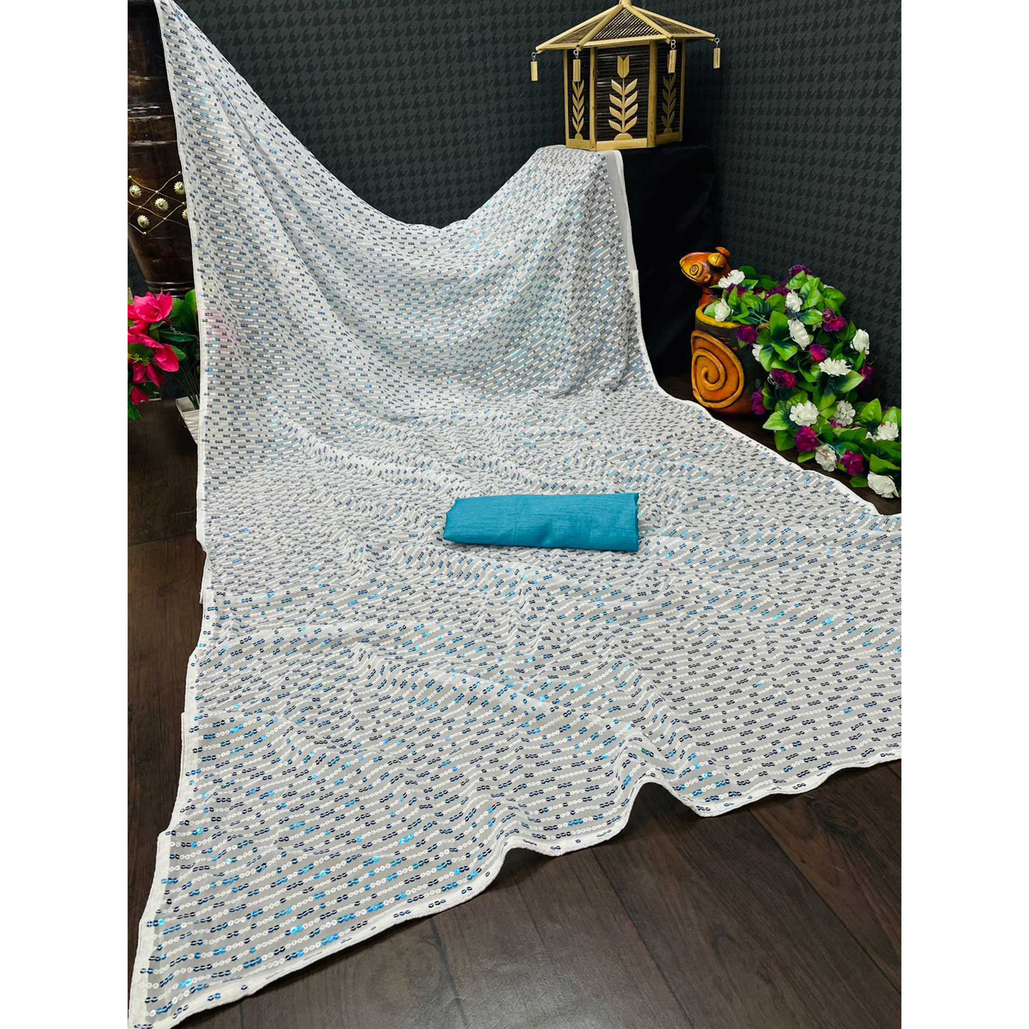 White & Blue Sequins Embroidered Georgette Saree