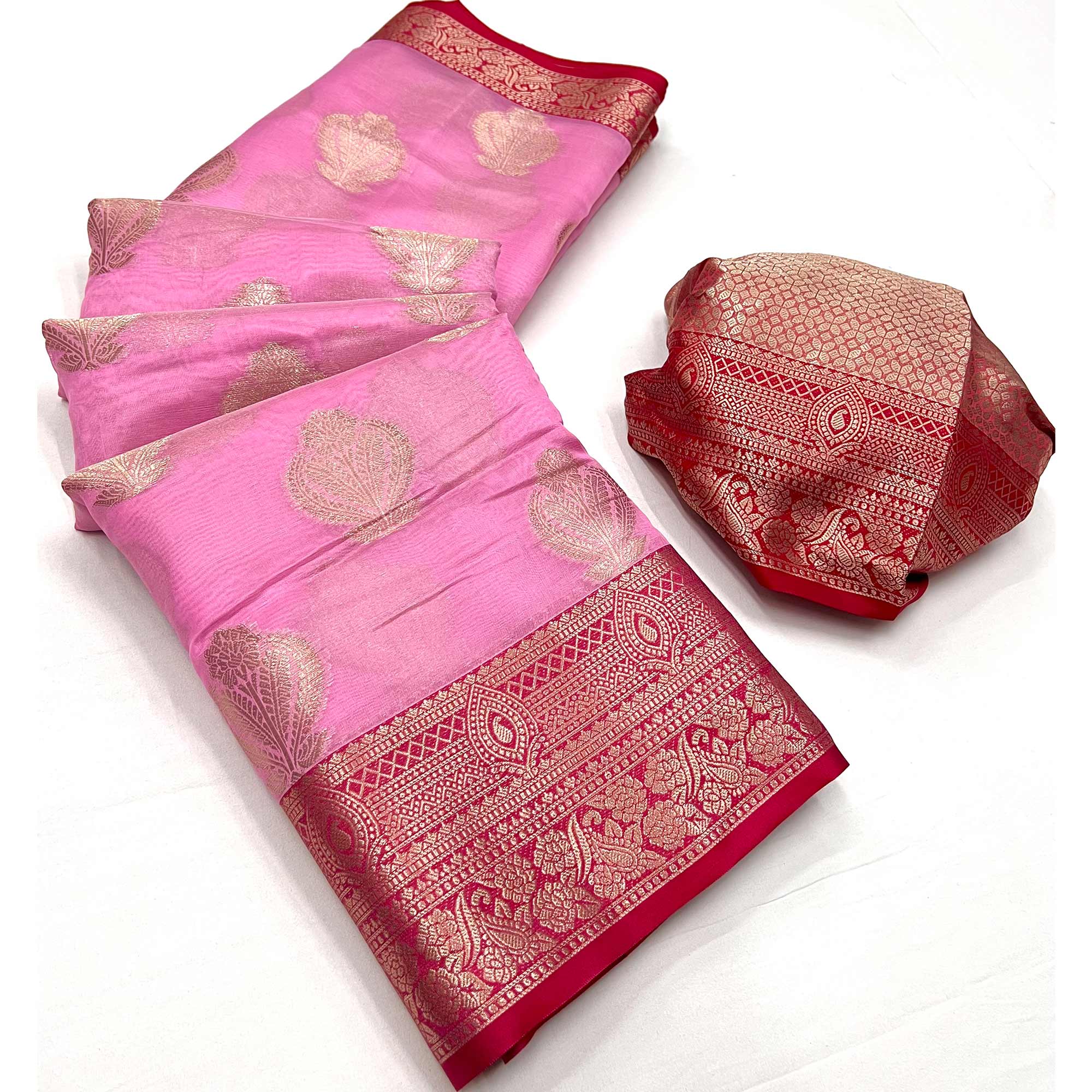 Pink Floral Woven Organza Saree