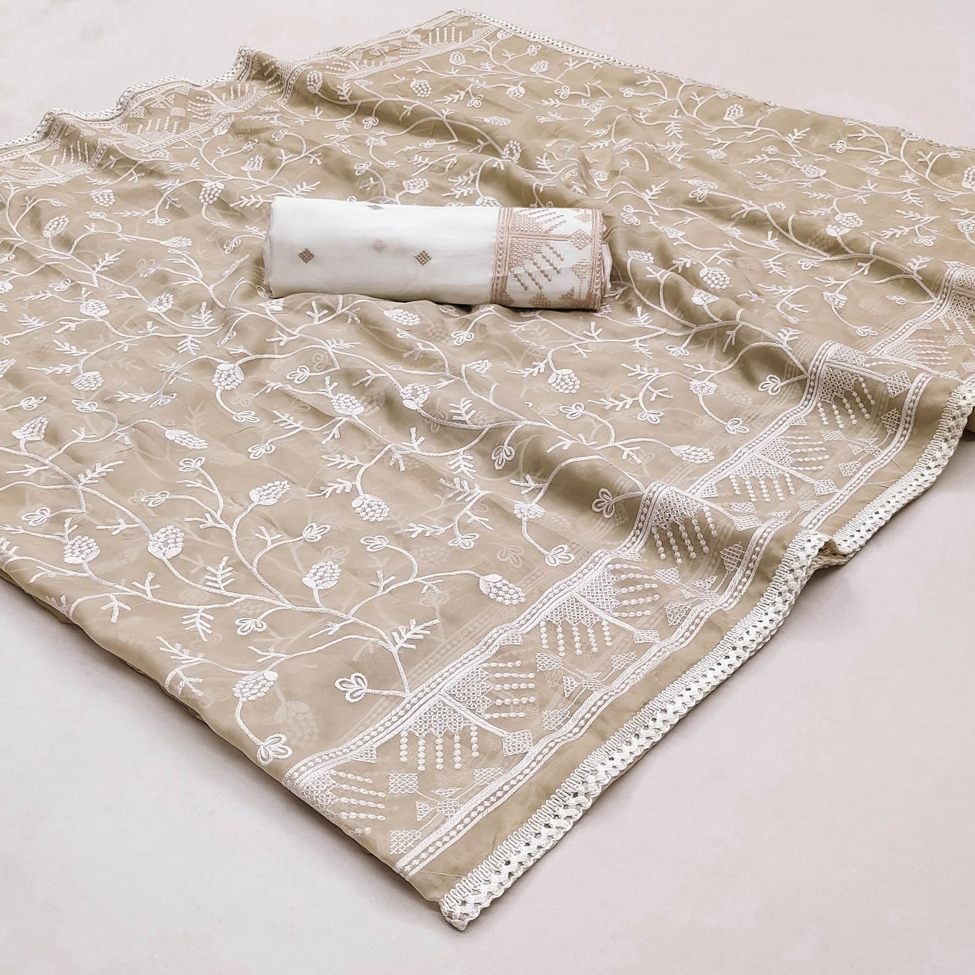 Beige Lucknowi Work Organza Saree
