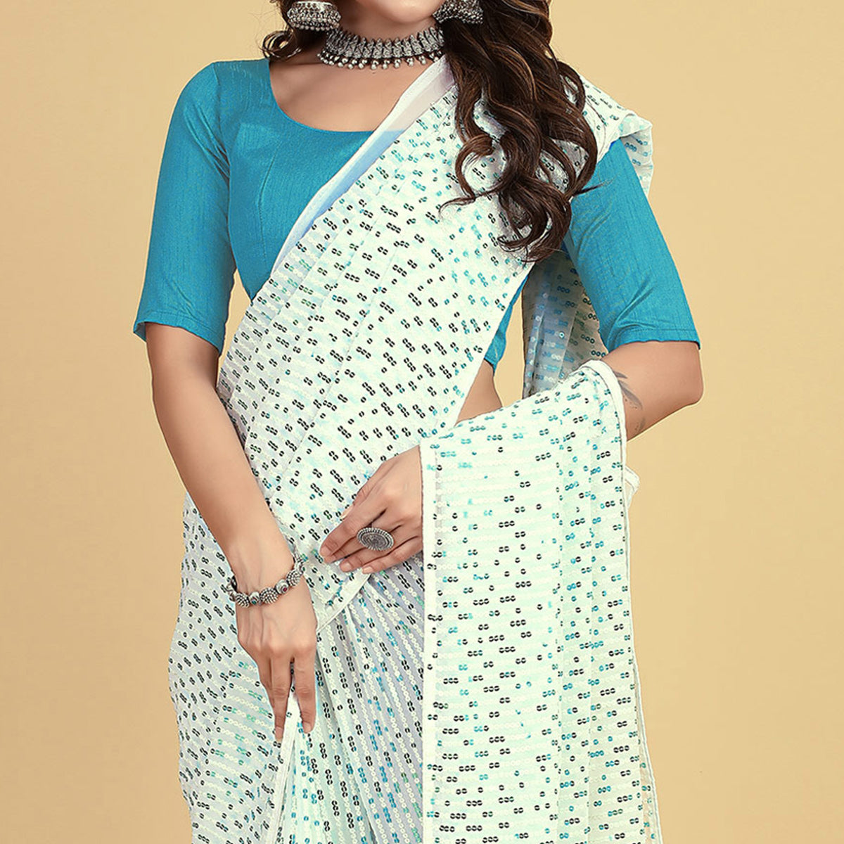 White & Blue Sequins Embroidered Georgette Saree