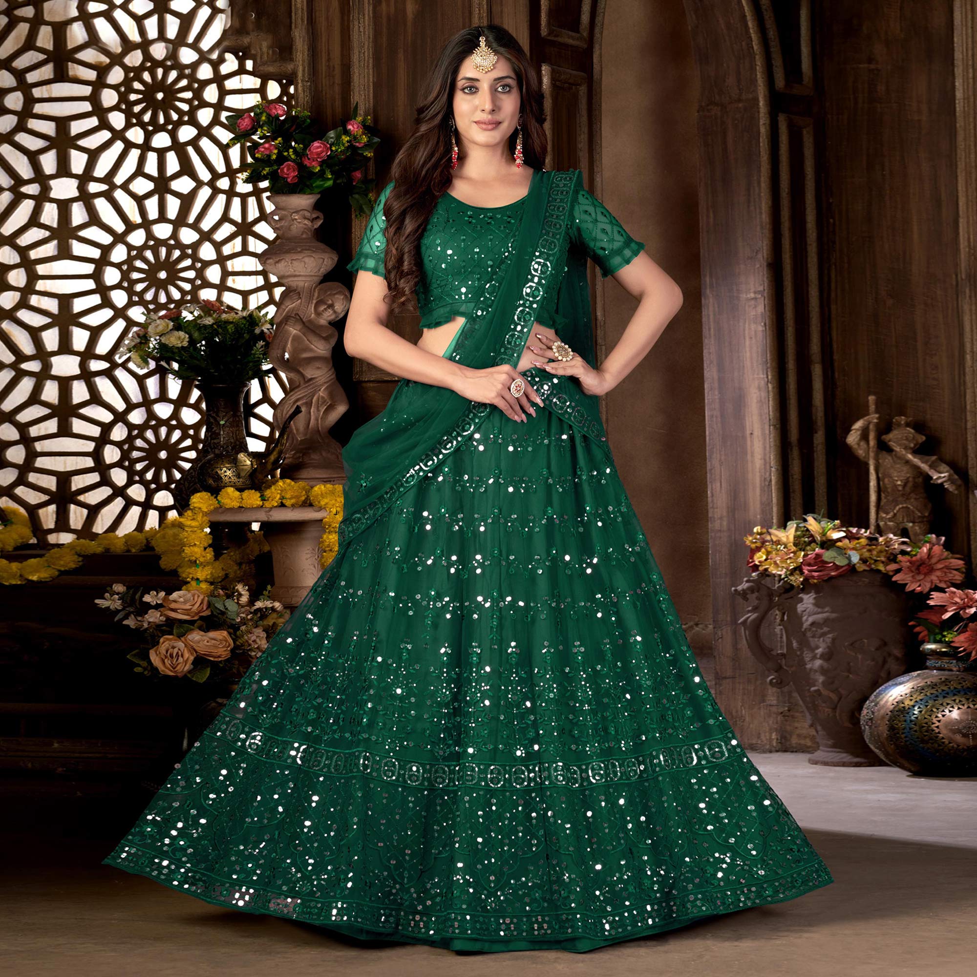Green Sequins Embroidered Netted Lehenga Choli - Image 1