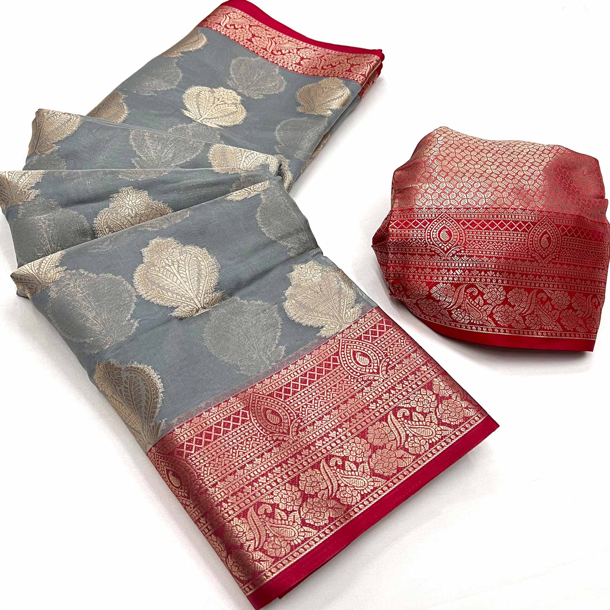 Grey Floral Woven Organza Saree