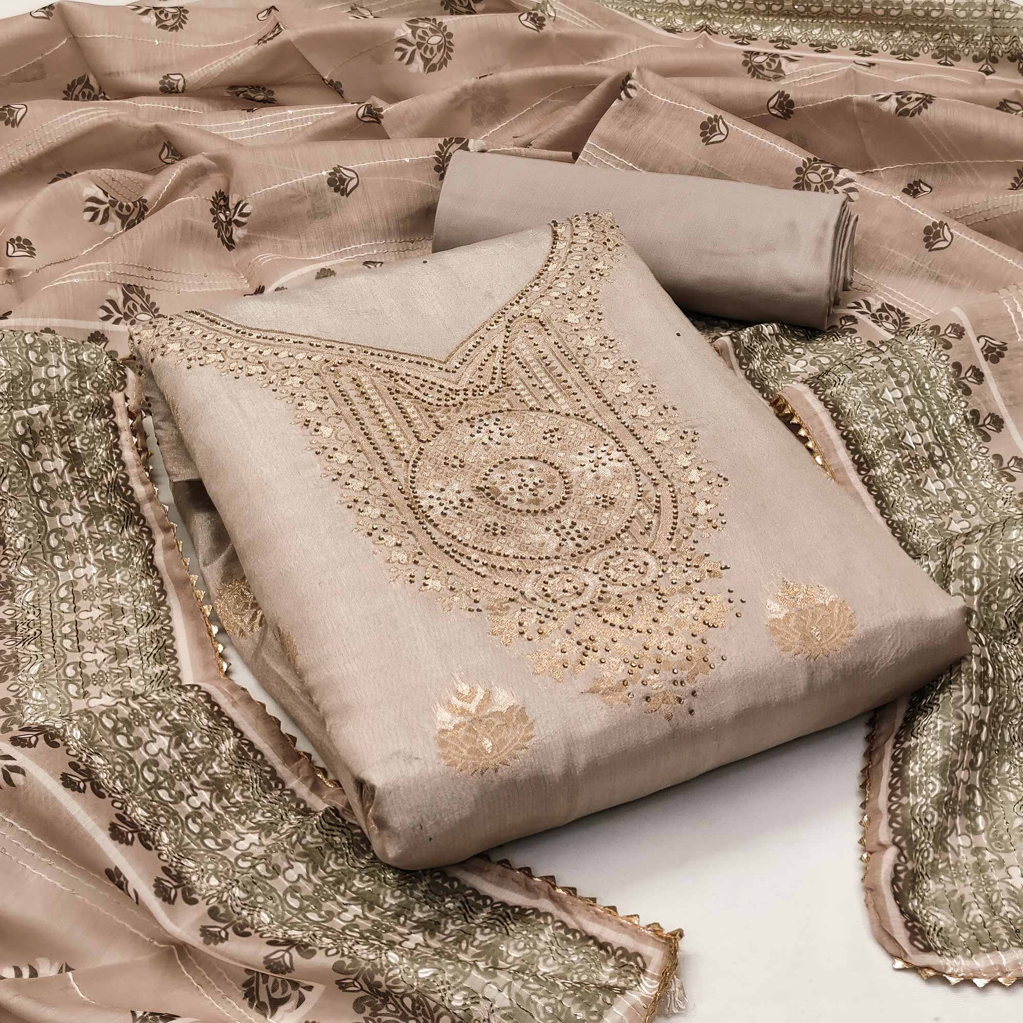 Brown Woven Banarasi Silk Dress Material