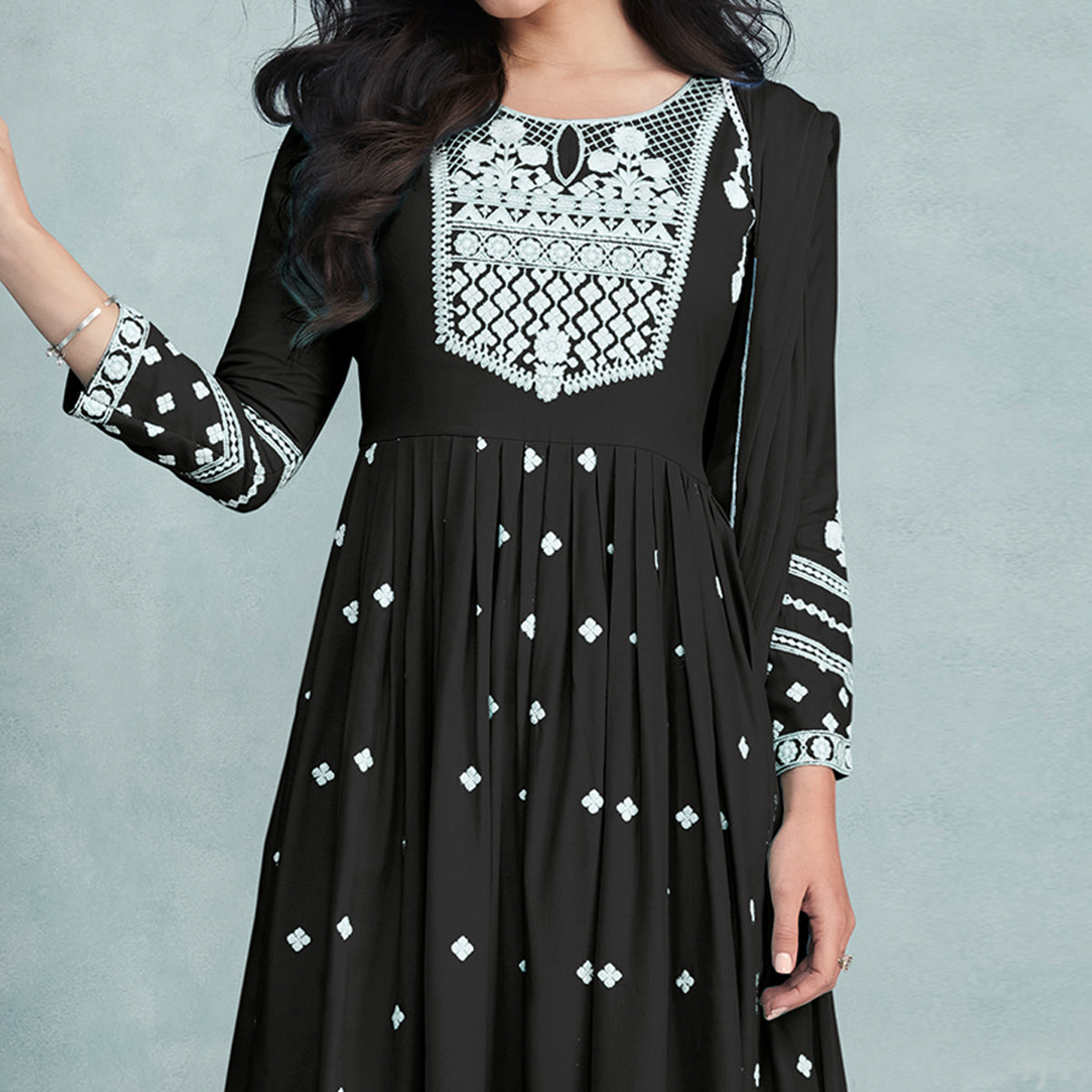 Black Lucknowi Work Rayon Naira Cut Suit