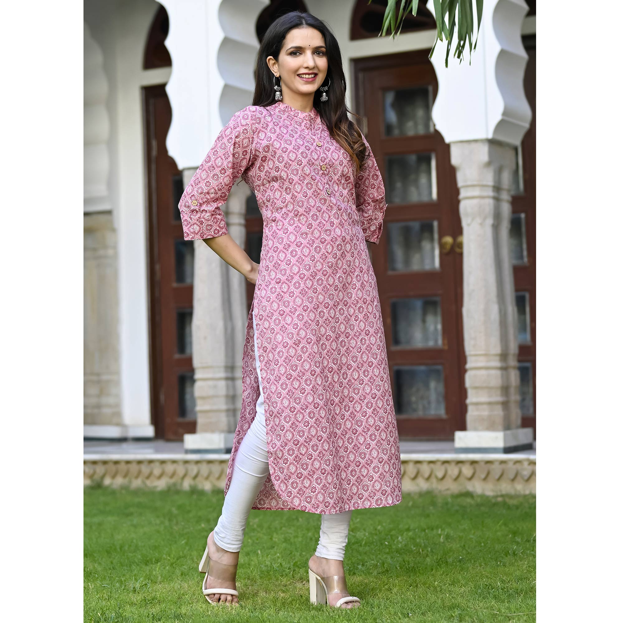 Pink Floral Printed Pure Cotton Kurti