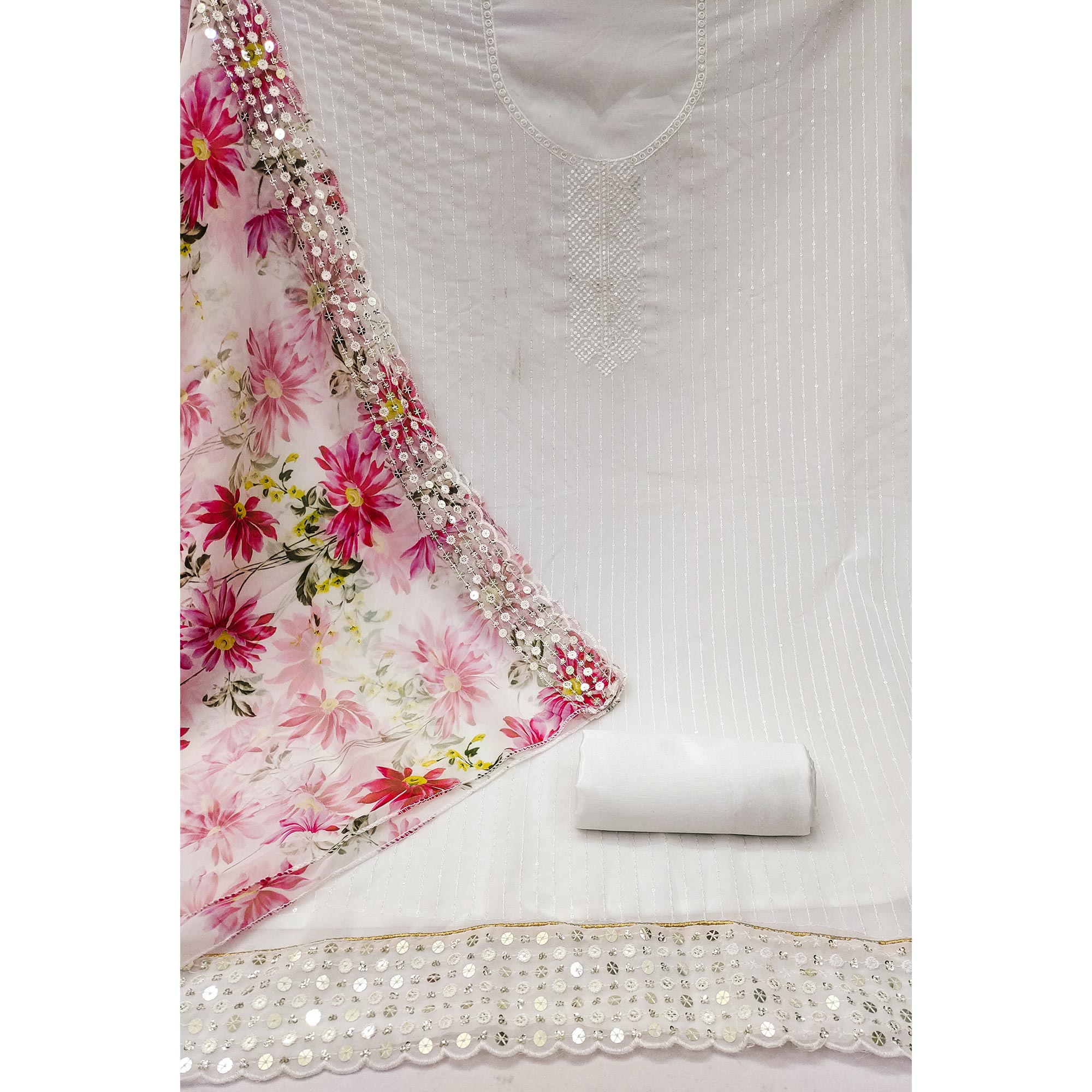 White Sequins Embroidered Georgette Dress Material