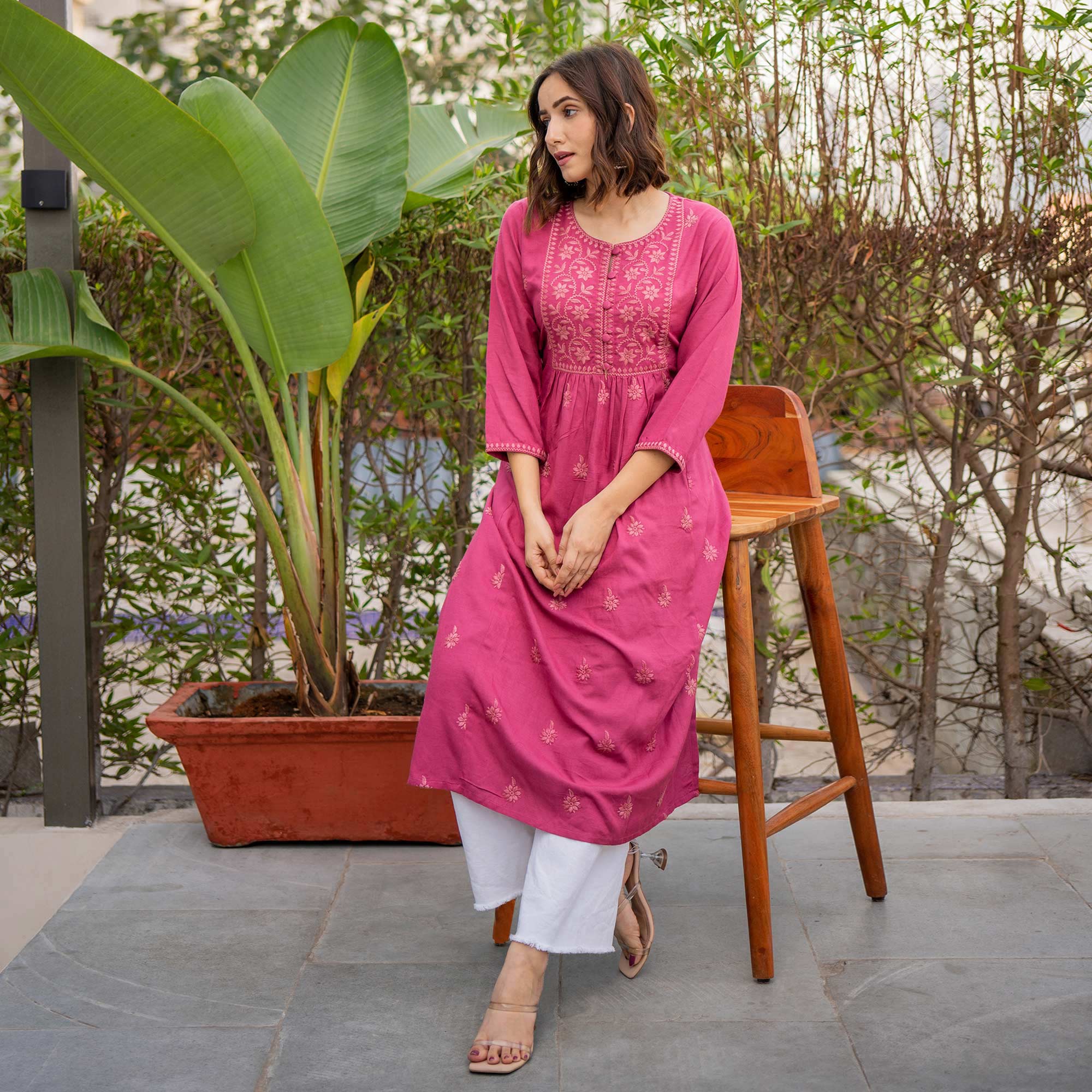 Pink Floral Embroidered Rayon Kurti