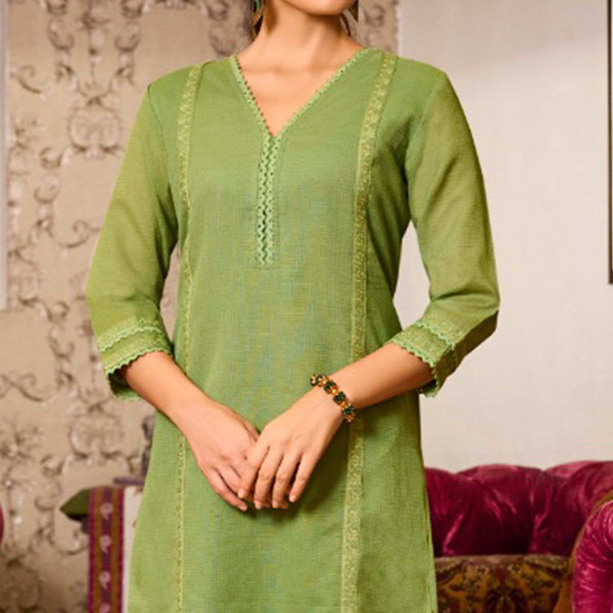 Green Embroidered Pure Cotton Kurti