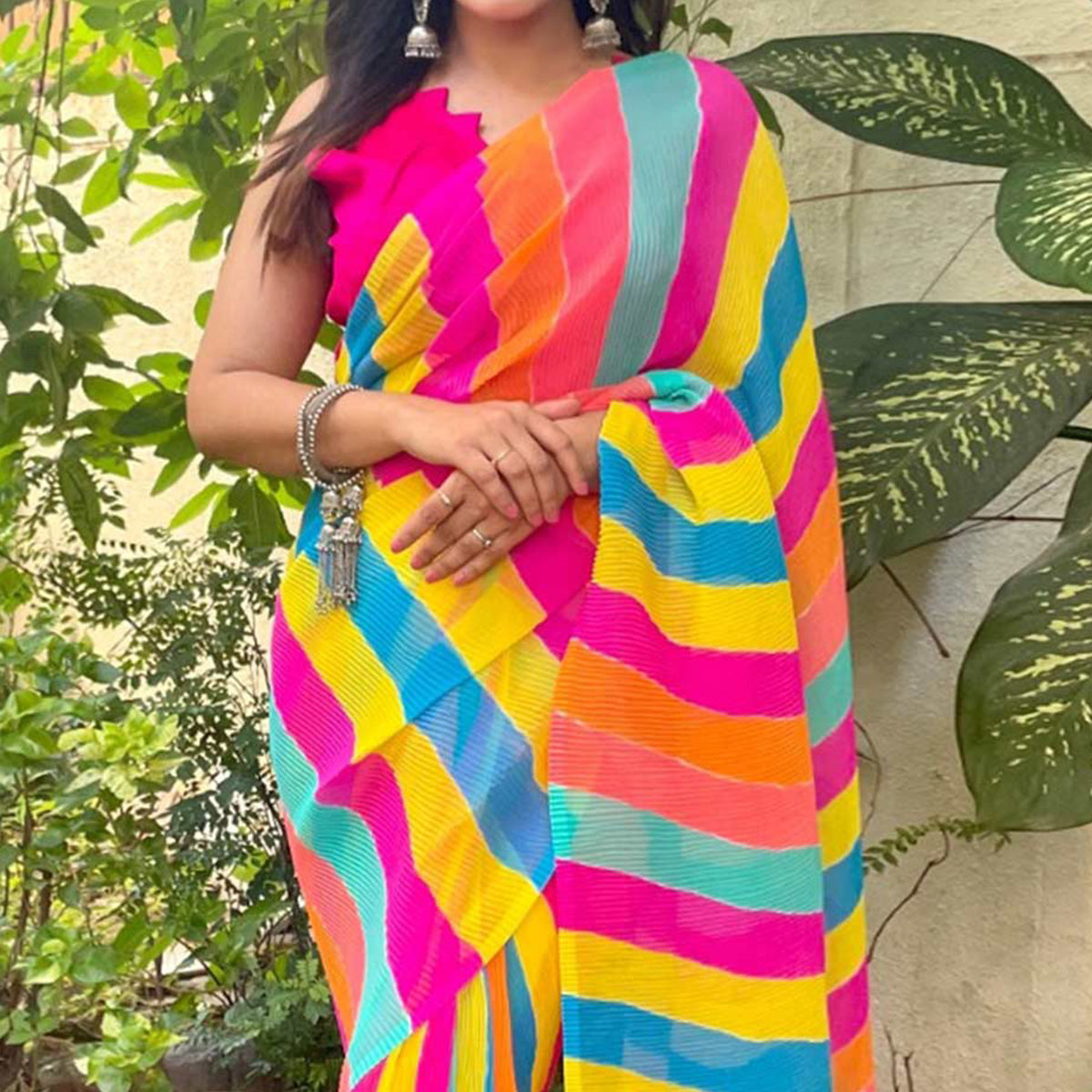 Multicolor Striped Printed Crush Georgette Saree