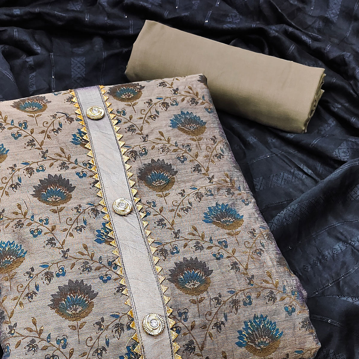 Grey Floral Printed Chanderi Dress Material