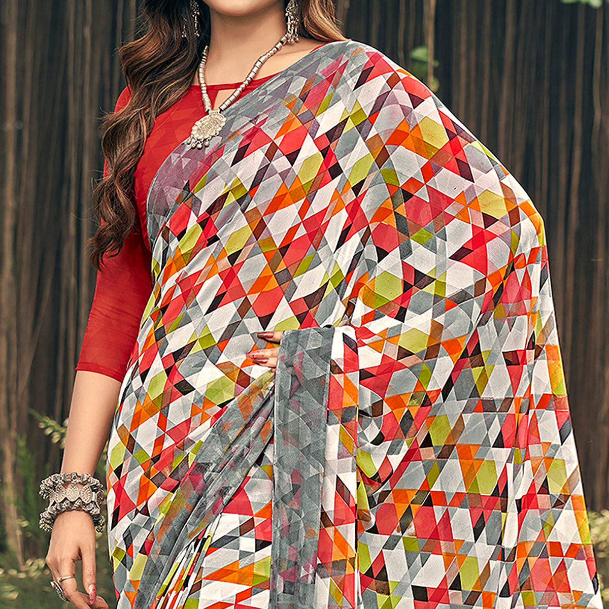 Multicolored Geometric Printed Georgette Saree