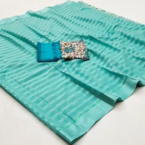 Turquoise Checks Pattern Satin Saree
