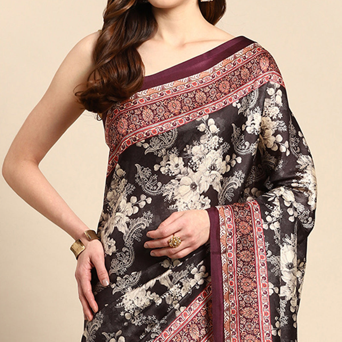 Black Digital Printed Pashmina Silk Saree