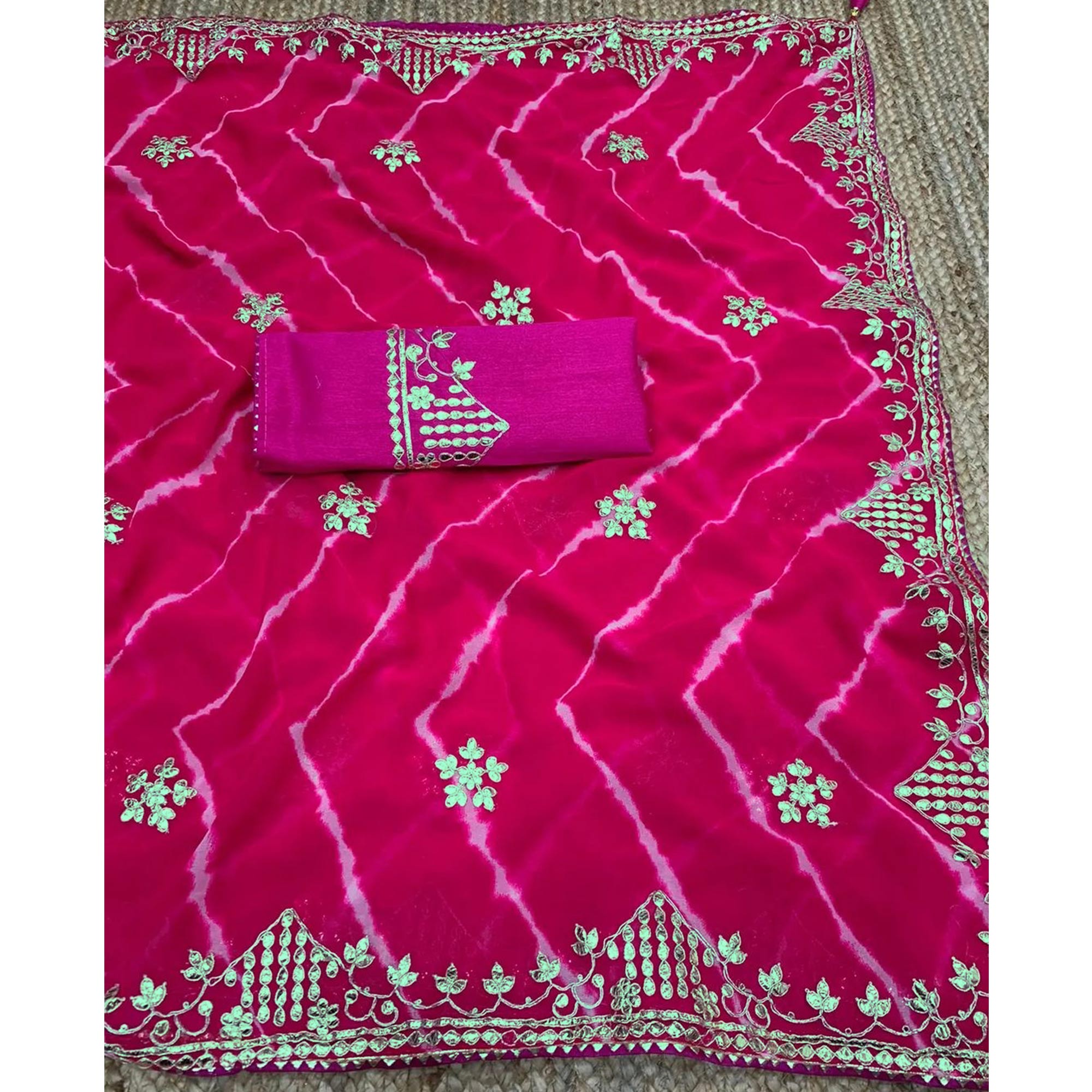 Pink Printed With Gota Work Georgette Saree