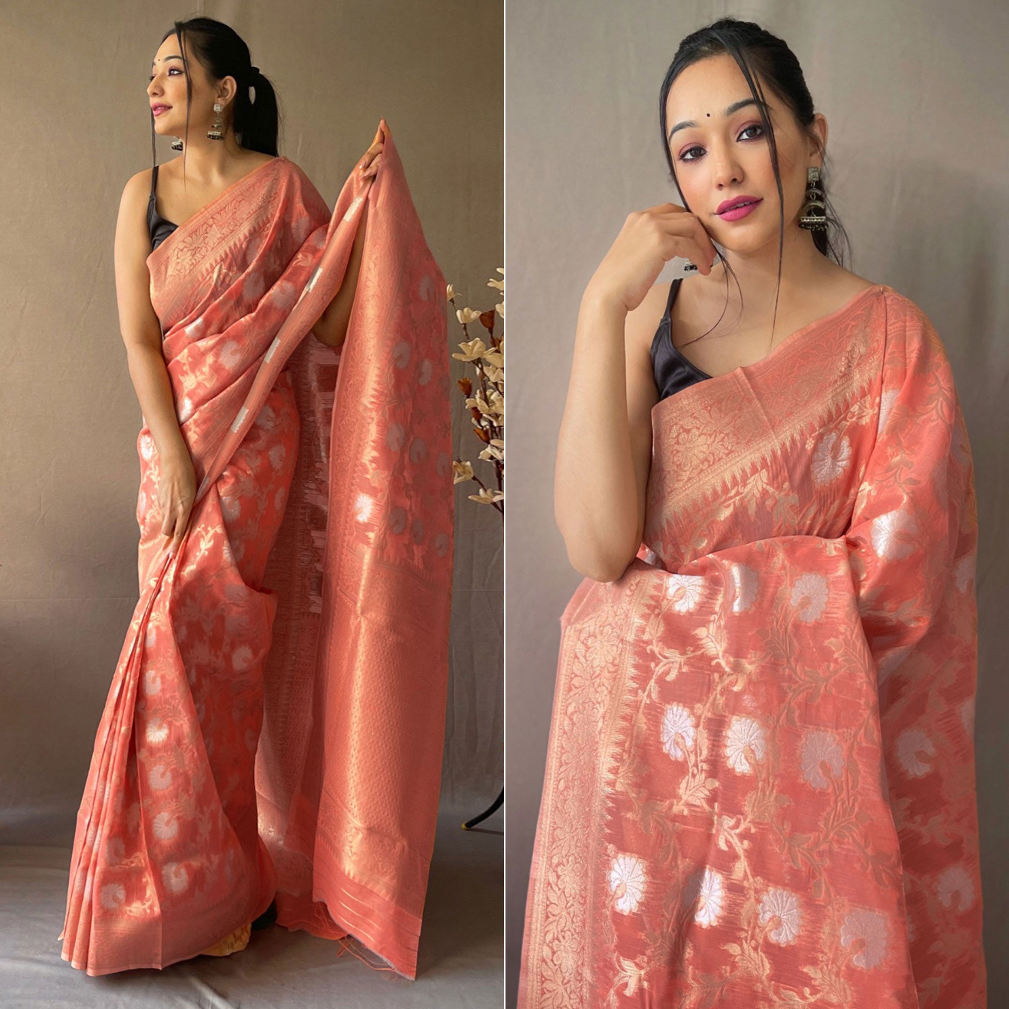 Peach Floral Woven Linen Saree