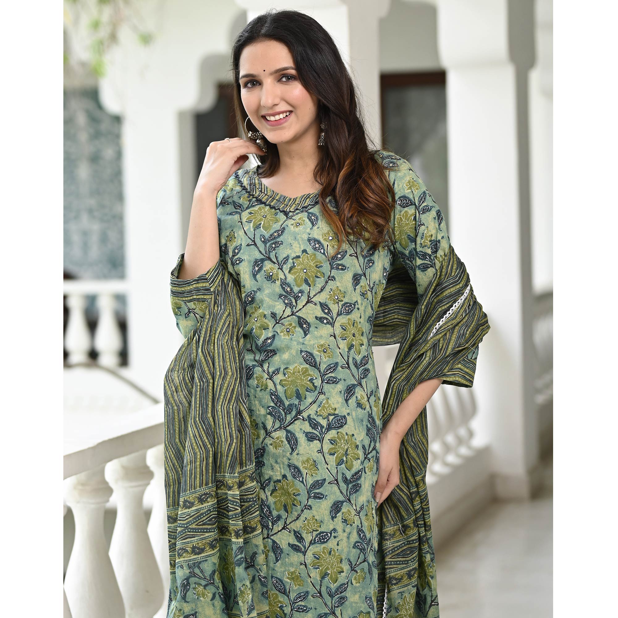 Green Floral Printed Pure Cotton Suit