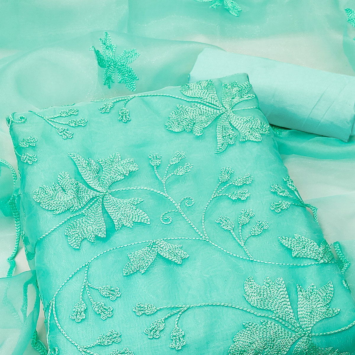 Turquoise Floral Embroidered Organza Dress Material