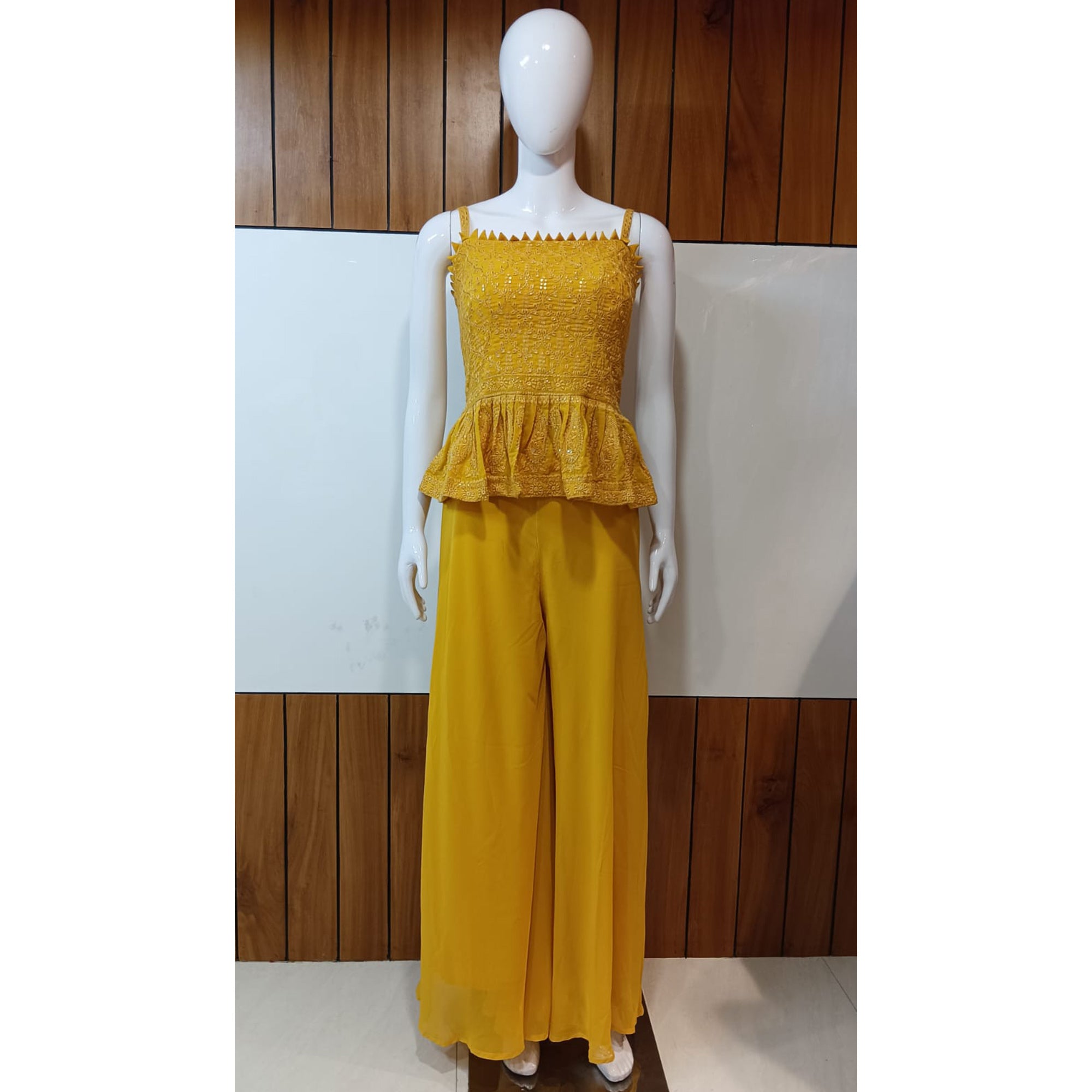 Yellow Embroidered Georgette Palazzo Suit