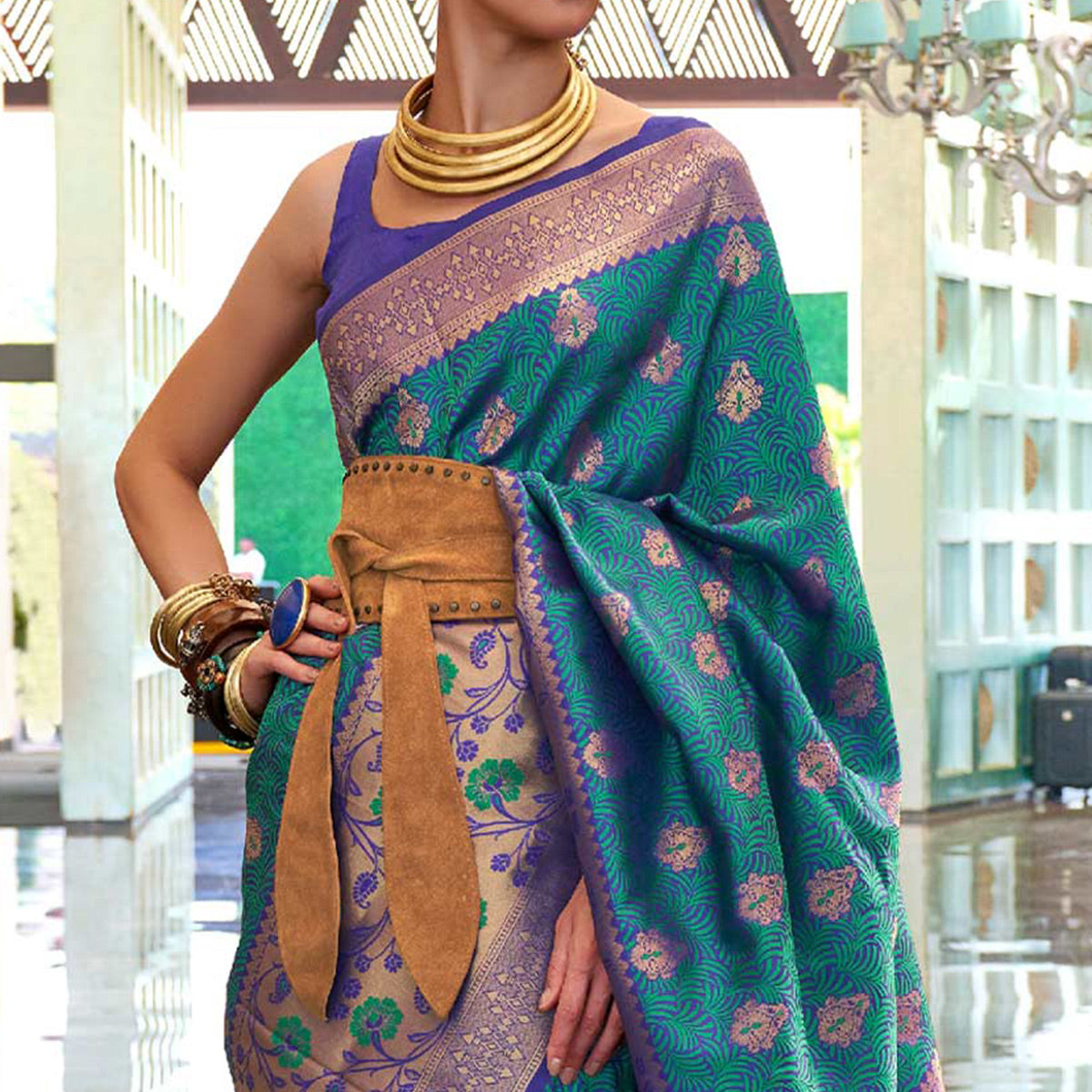 Blue Floral Woven Art Silk Saree With Tassels