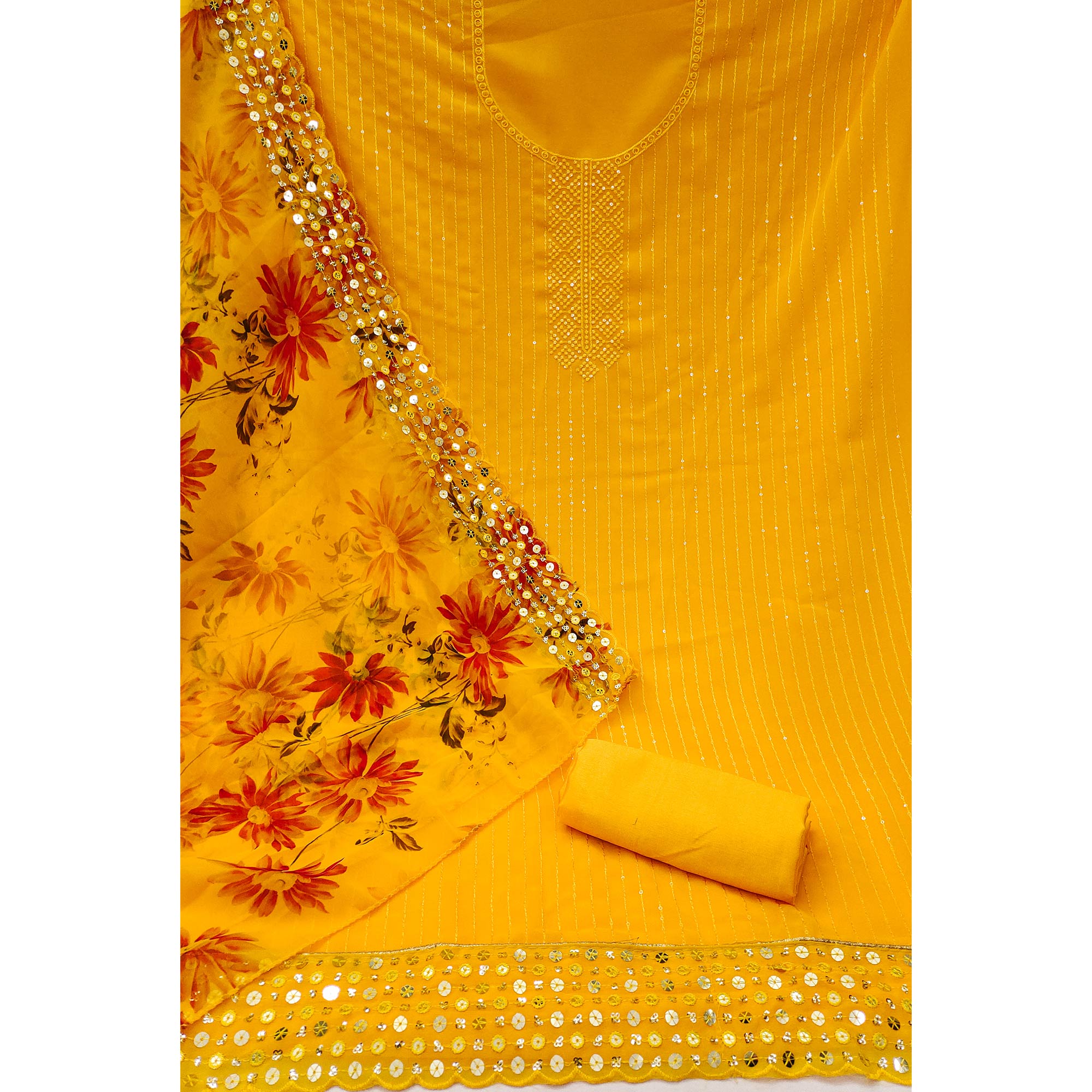 Yellow Sequins Embroidered Georgette Dress Material