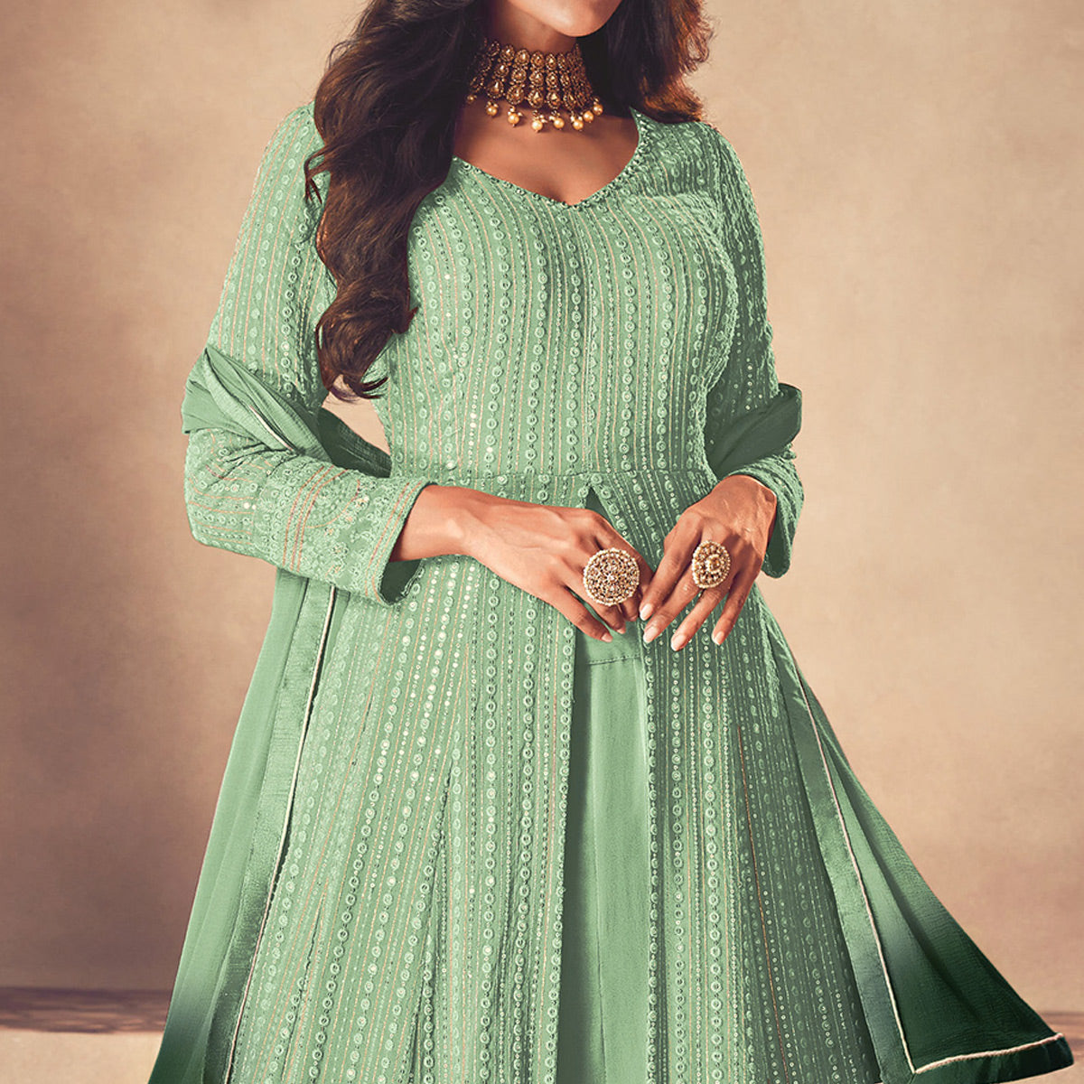 Green Sequins Embroidered Georgette Front Slit Suit