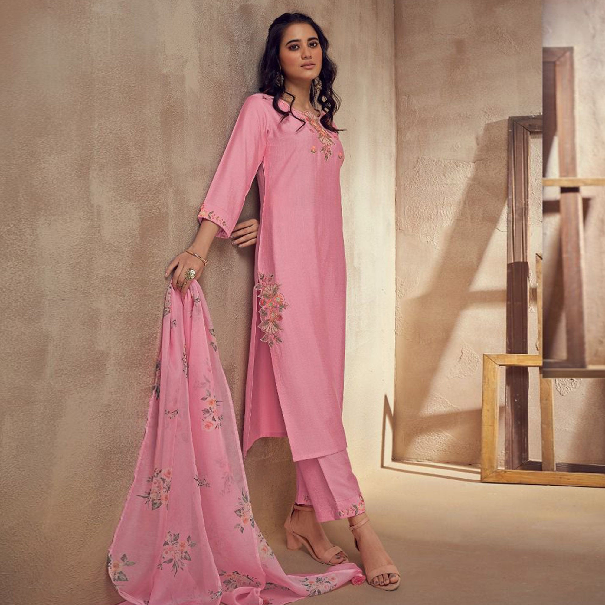 Pink Floral Embroidered Viscose Suit