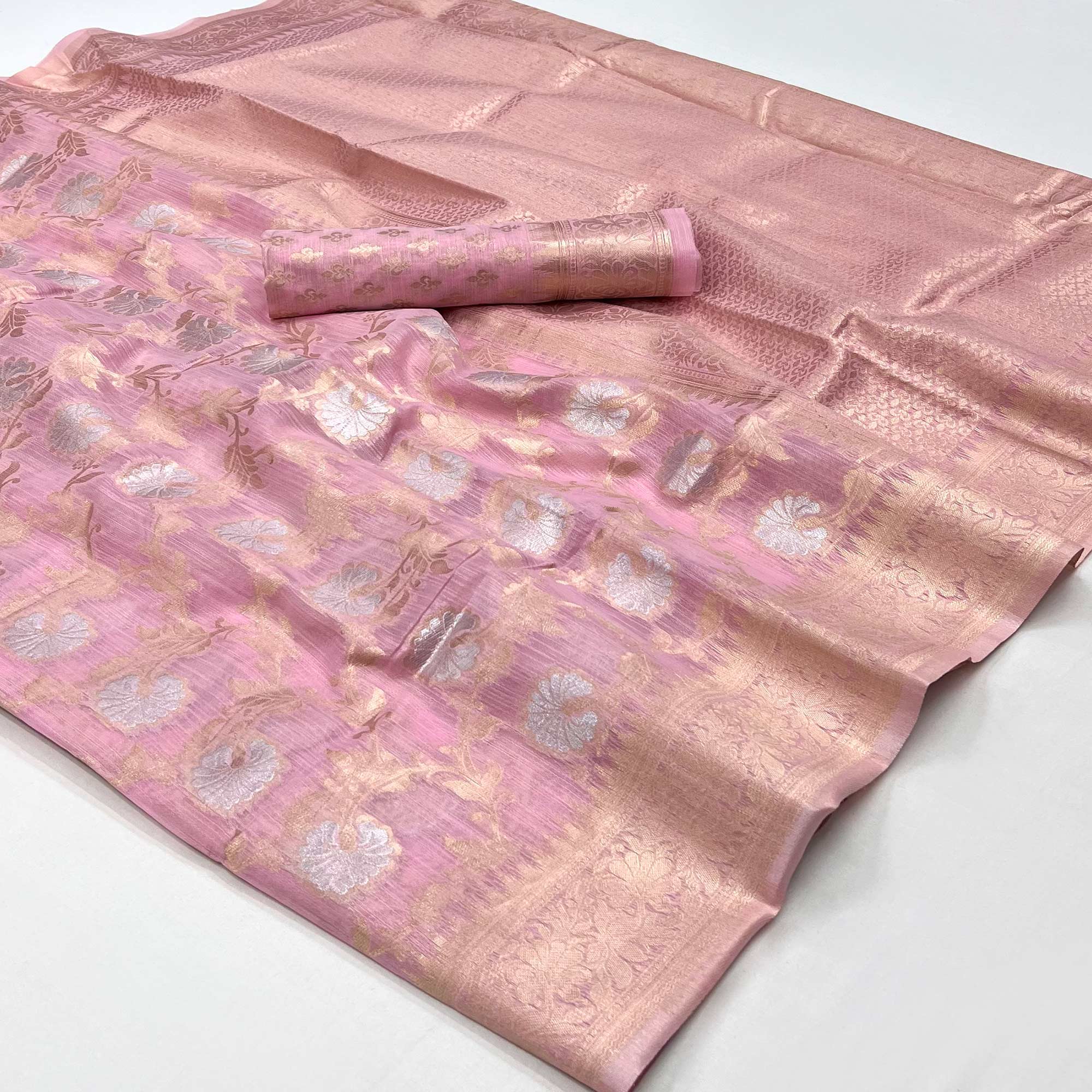 Pink Floral Woven Linen Saree