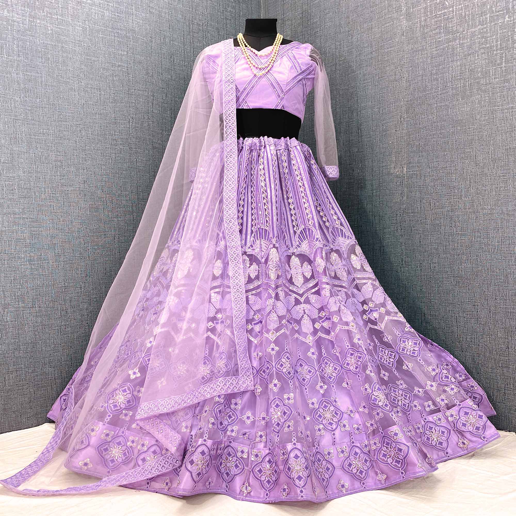 Violet Sequins Embroidered Netted Lehenga Choli - Image 8