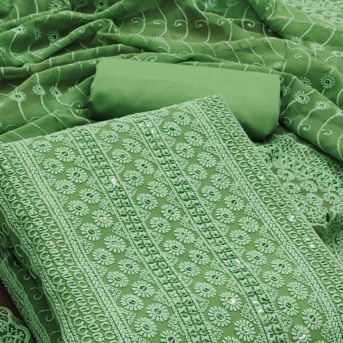 Green Embroidered Georgette Lucknowi Suit