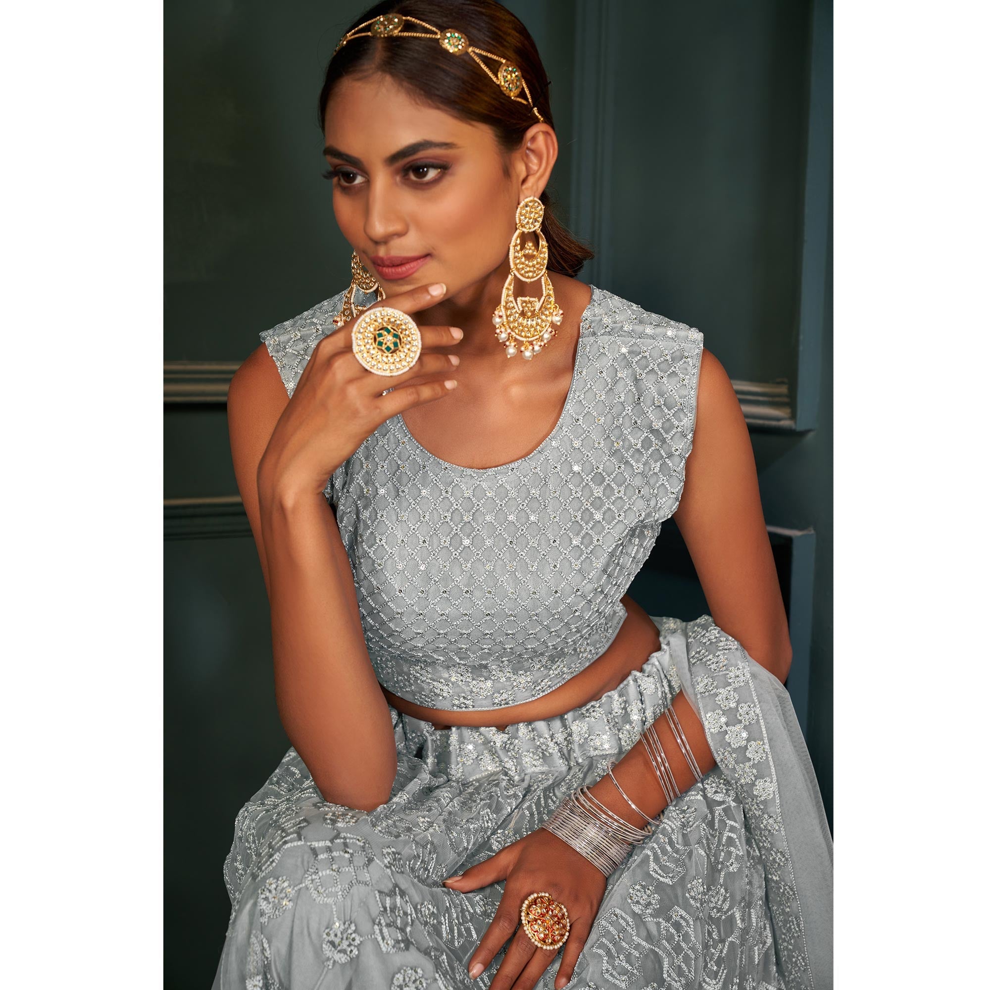 Grey Sequins Embroidered Netted Lehenga Choli - Image 3