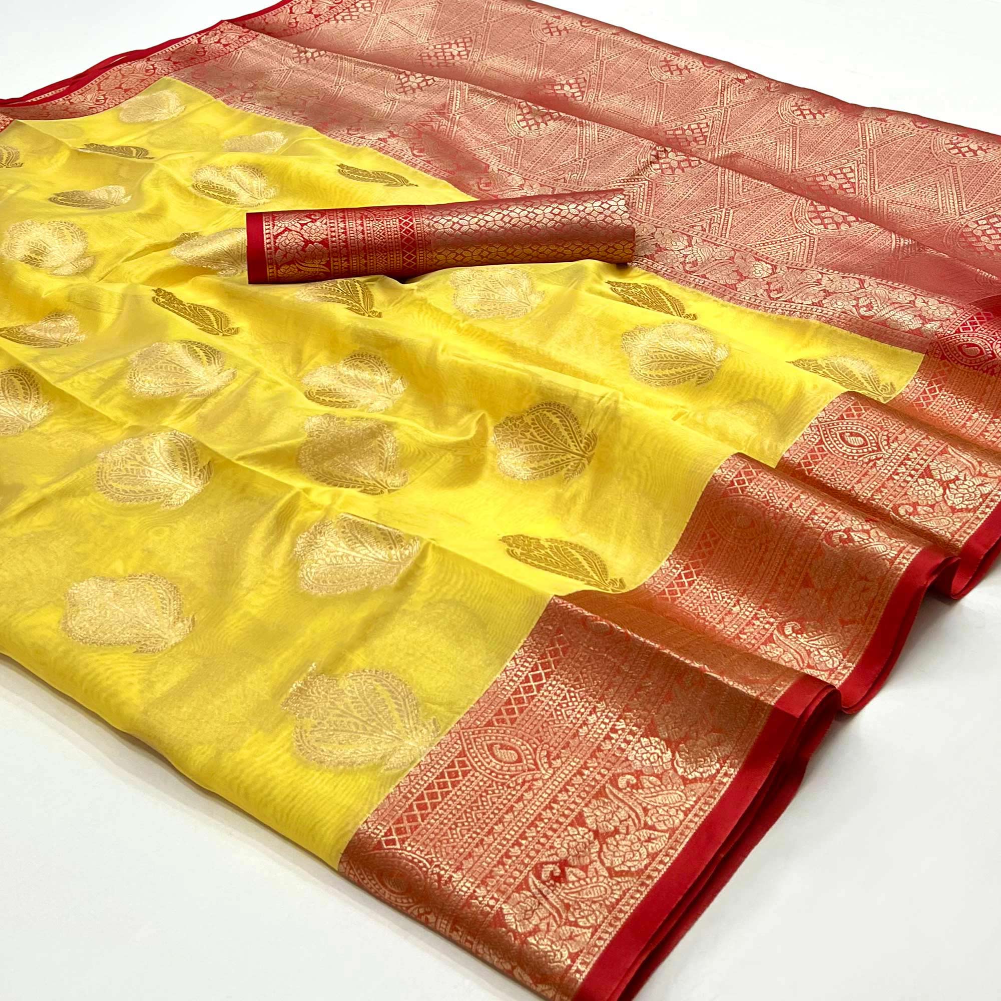 Yellow Floral Woven Organza Saree