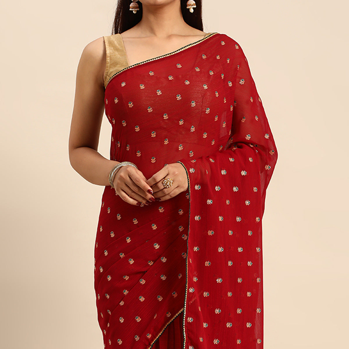 Maroon Embroidered Chiffon Saree