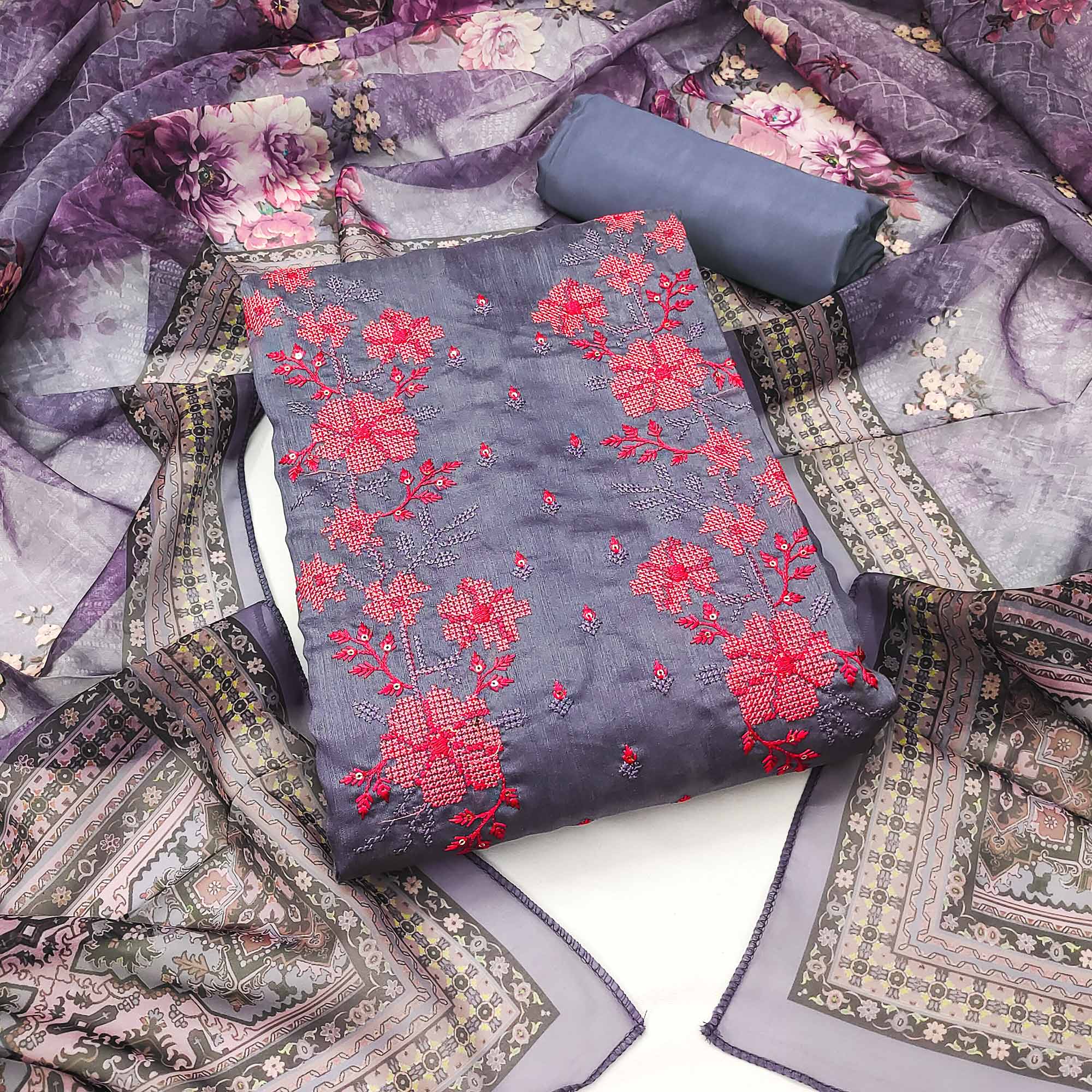 Purple Floral Sequins Embroidered Art Silk Dress Material