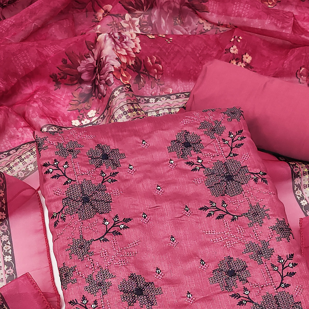 Gajari Pink Floral Sequins Embroidered Art Silk Dress Material