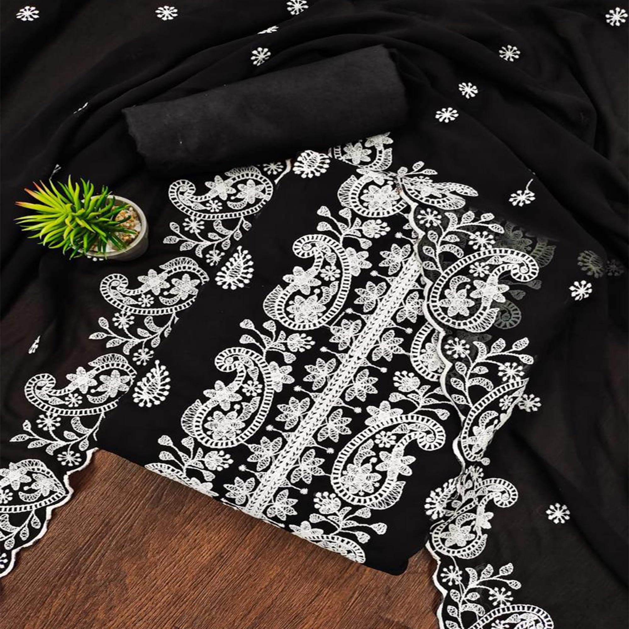 Black Embroidered Georgette Dress Material